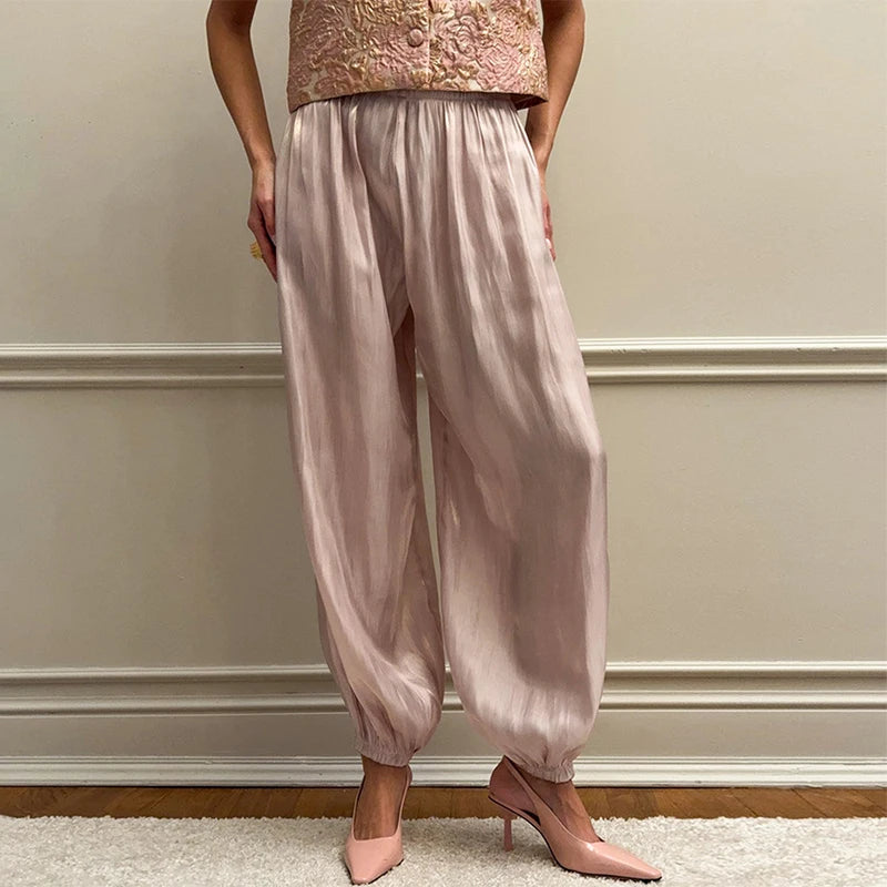 Sheer Floral Lace Tie Balloon Trousers High Waist 2026 Spring/Autumn Elegant Women Bottoms Fashion Chic Holiday Versatile Pants