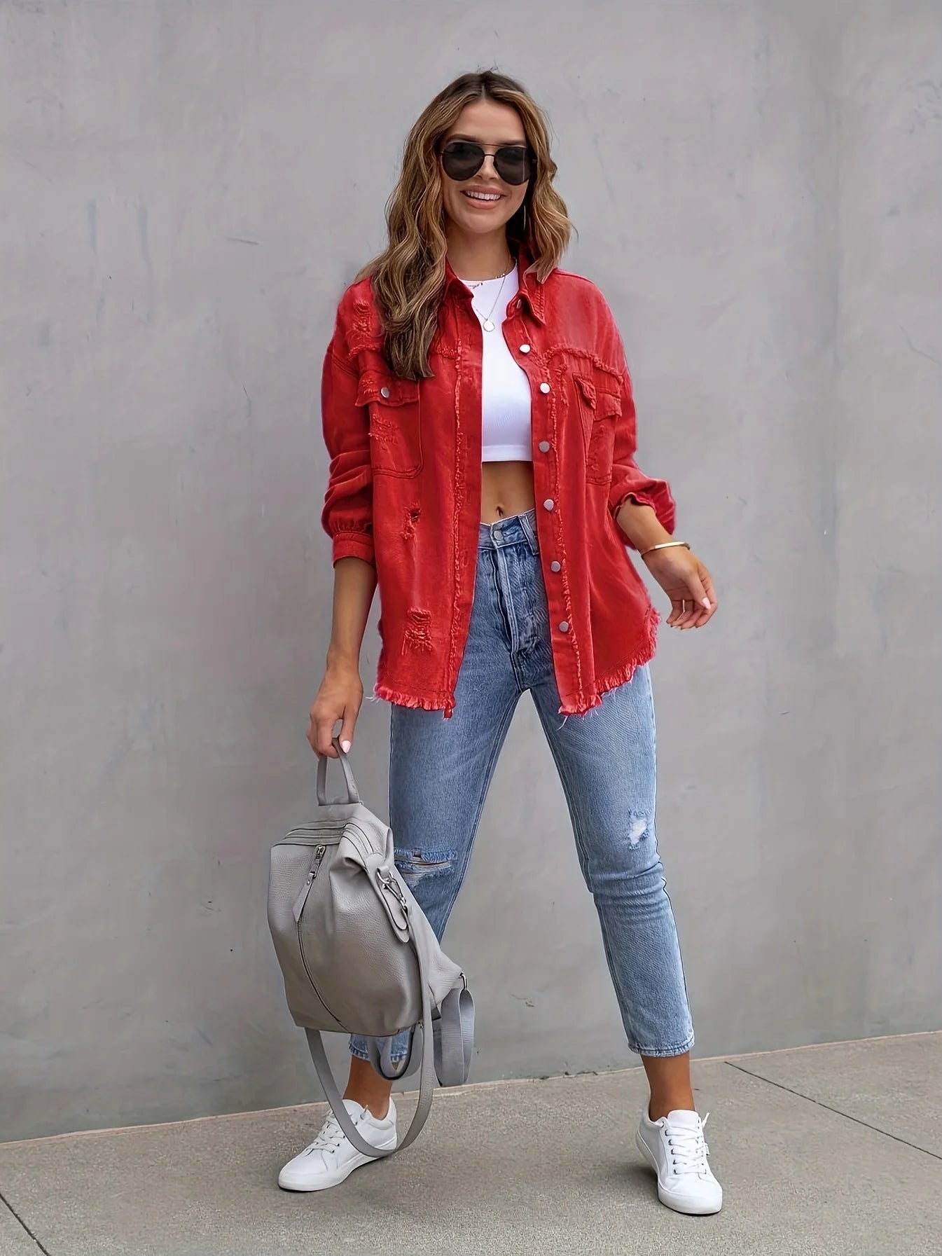 Women's Fashionable Solid Color Mid-Length Ripped Denim Jacket Long-Sleeved Spring Autumn Trend