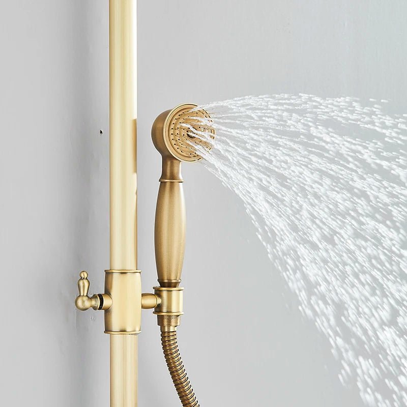 Antique Brass Shower Faucet Set Rainfall Head Shower with Handshower Wall Mount Dual Handle Mixer Bathroom Shower System