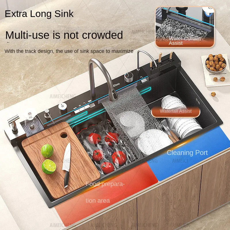 Hot Selling Stainless Steel Waterfall Kitchen Sink With Knife Holder Digital Display Faucet Set Embossed Extra Large Single Slot