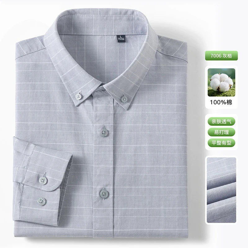 New 100% Pure Cotton Striped Shirt For Men's Long Sleeve Casual Regular Fit Soft Comfortable Business Social Shirts Men Clothing