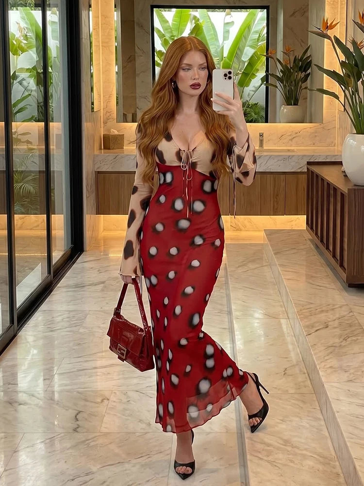 Trendy Slip Polka Dot Maxi Dress V-neck Ruched Drawstring Sexy Maxi Women Dresses Beach Vacation Stylish Retro Summer Party Robe