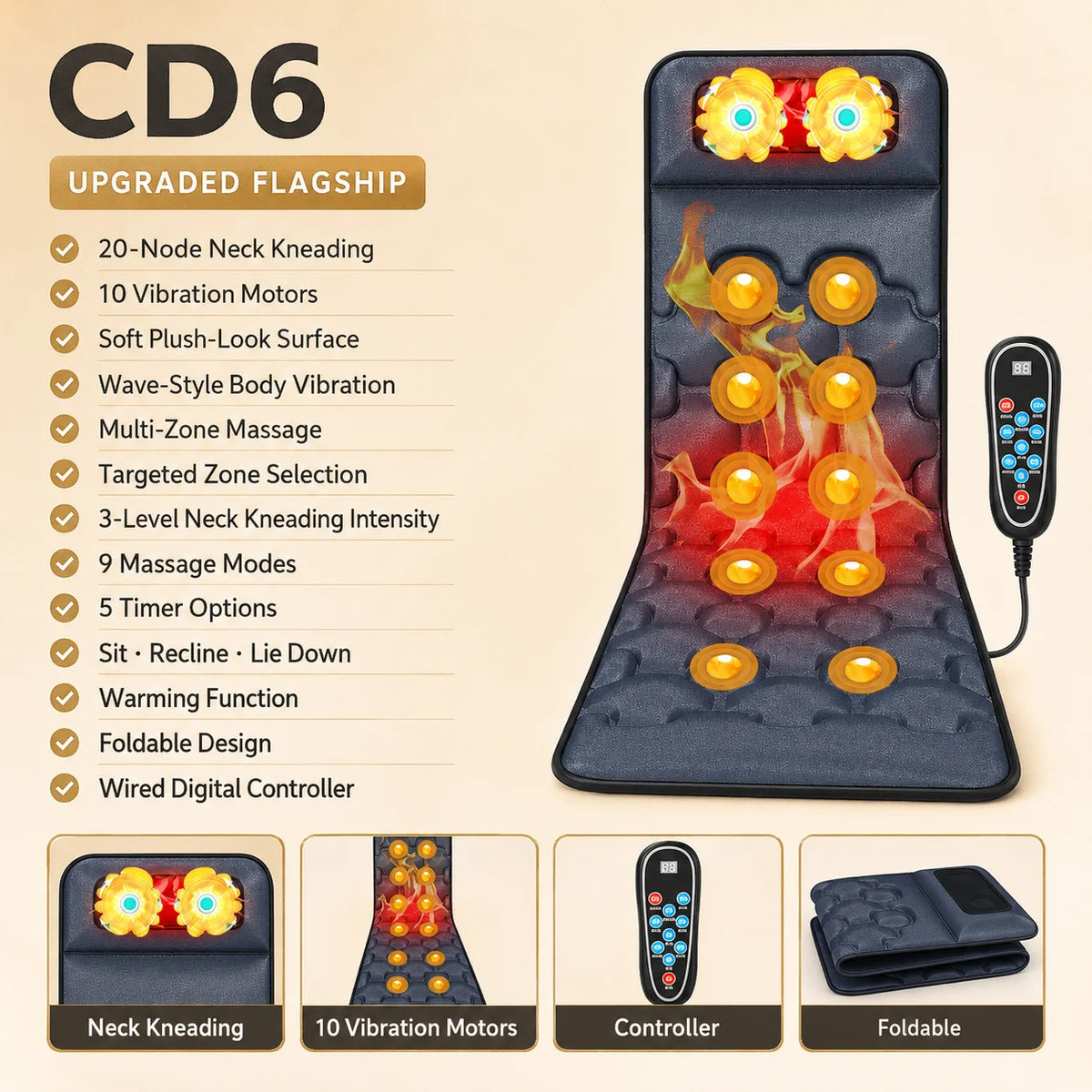 Full Body Massage Mat Foldable Neck Kneading 10 Motor Vibration Heat Shiatsu Electric Massage Cushion 9 Modes Wired Remote Home