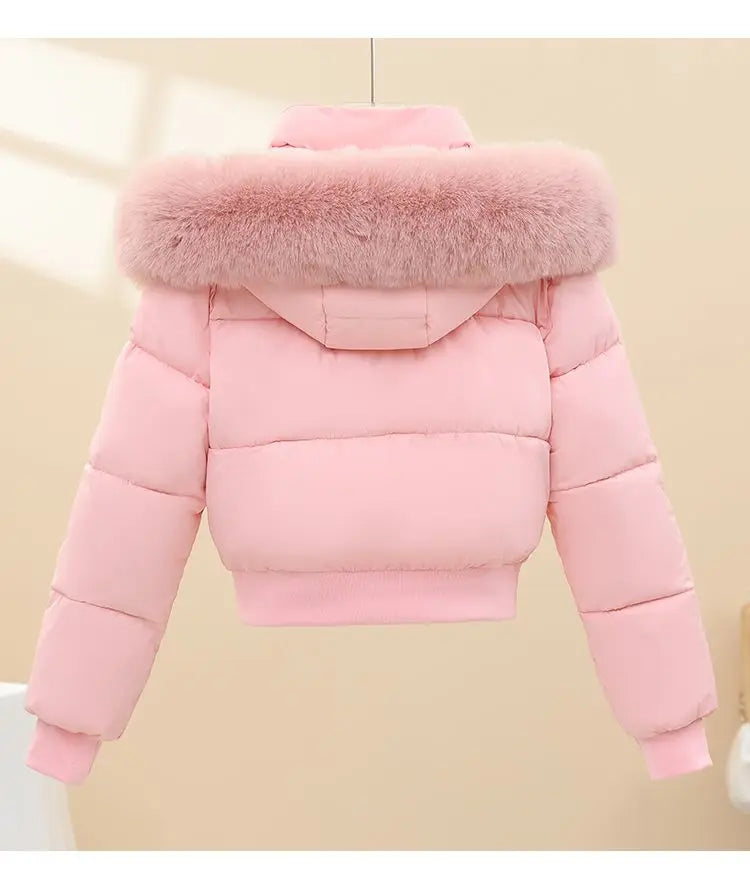Korean Faux Fur Trim Hooded Puffer Coat Outerwear Women Black Cropped Zip Pocket Rib Hem Loose Short Warm Winter Jacket