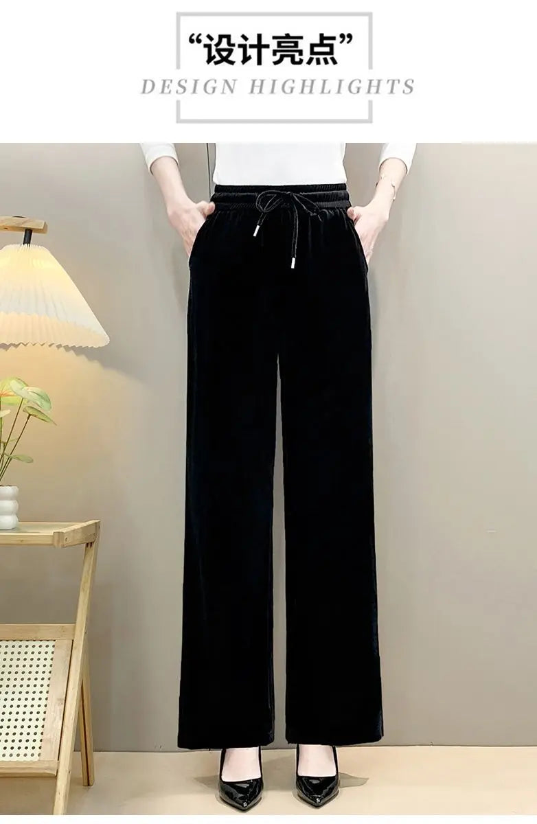 Women Drawstring High Waist Velvet Wide Leg Long Pants
