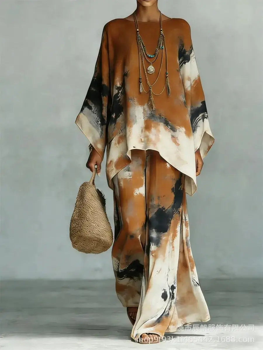 Bohemian Foreign Style Printed Women's Two-piece Set Spring Fashion O-neck Loose Top+wide Leg Pants Suit Ladies Office Outfit