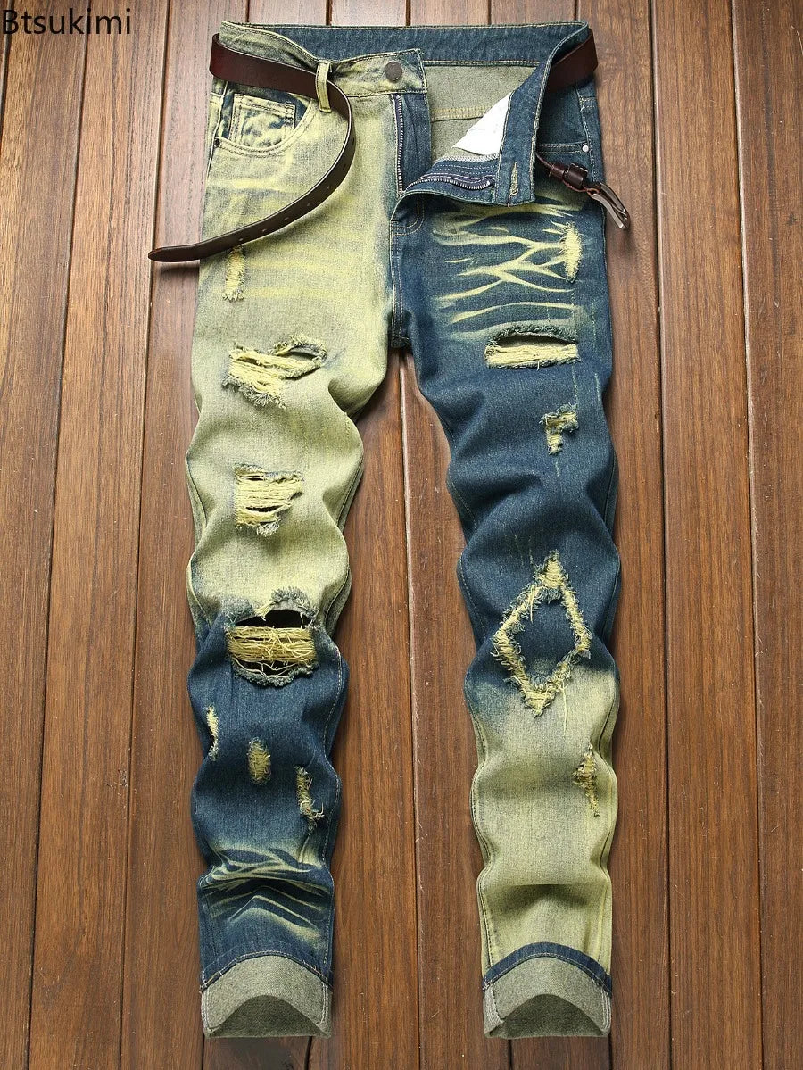 New Retro Jeans Men's Ripped Straight Leg Pants Ripped Jeans Fashionable Casual Pants Trousers Pants Male Street Wear Clothing