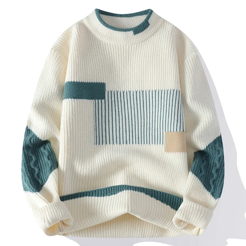 Mock Neck Knitted Sweater Men Women Autumn Winter Daily Casual Warm Knitting Pullovers Men's Fashion Patchwork Pullover Sweaters