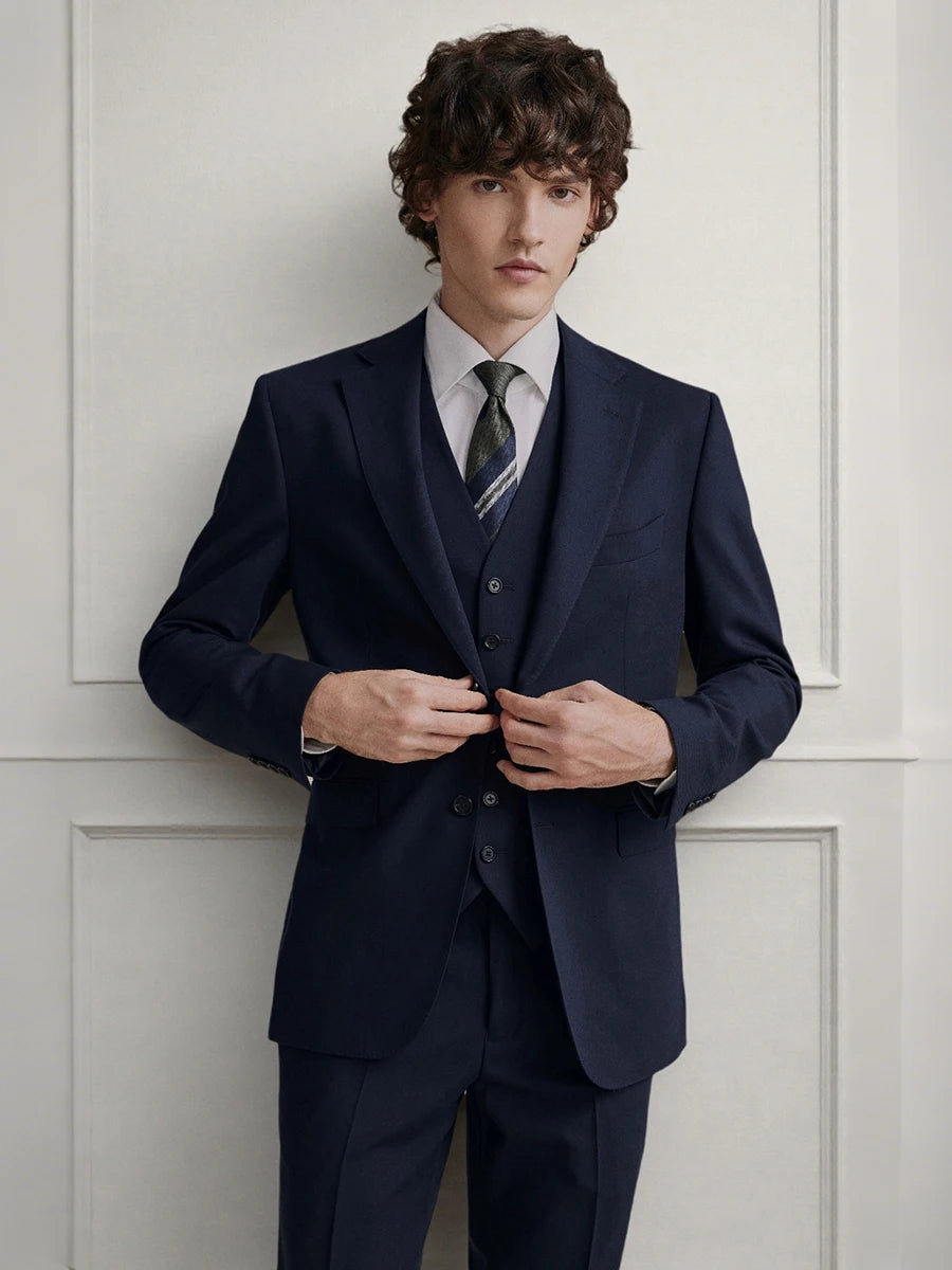 Men's 11% Wool Suit for Groom, Wedding & Business Casual Blazer Set, Premium Blue Formal Attire with Pants, Reusable for Office
