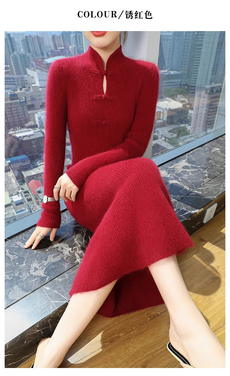 100% Mink Cashmere Knitted Dress Ladies Stand Collar Buckle Long Skirts Retro High Waist Over Knee Slim Dress New Thick Sweater