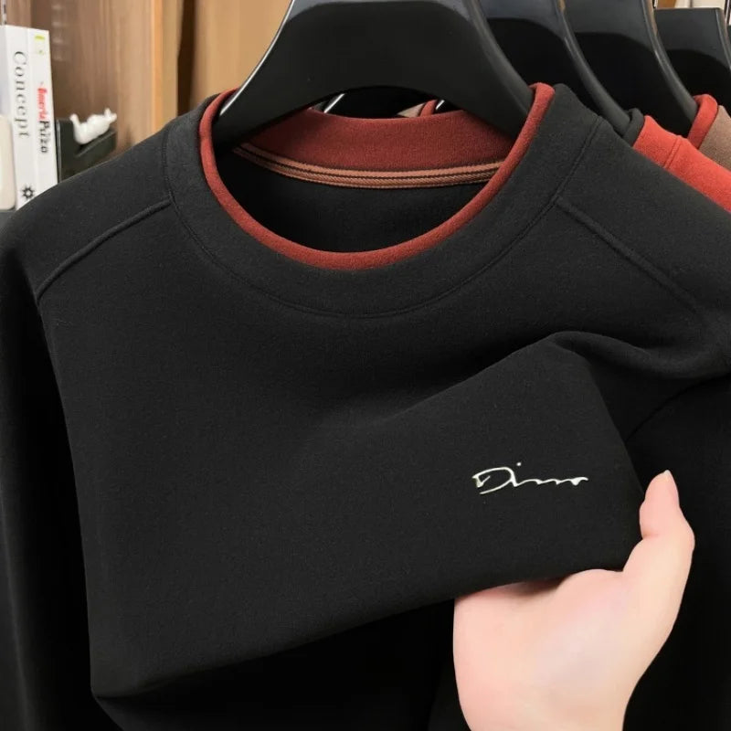 Unique fake two pieces round neck sweater men fashion brand letter emboss pullover autumn winter warm velvet long sleeve T-shirt