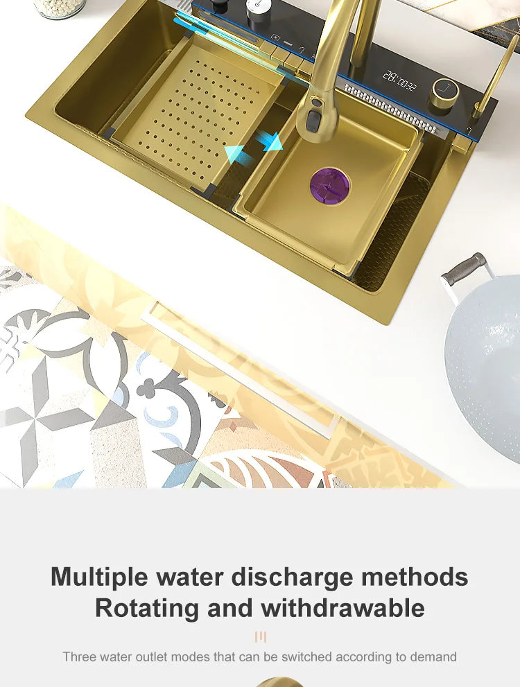 Stainless Steel Golden Kitchen Sink Multifunctional Waterfall Outlet Single Slot Piano Button Digital Display