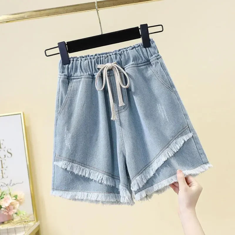 Denim Shorts for Women Korean Style Young College Girls Clothing Summer Elastic Waist Fashion Soft Loose Streetwear Chic Pockets