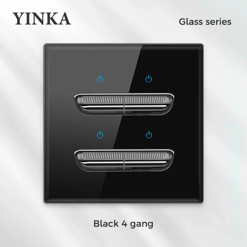 YINKA Crystal Tempered Glass Switch Panel LED Indicator 1 2 3 4 Gang/1 2 Way Self-reset Switch Button Light Switch Wall Switch