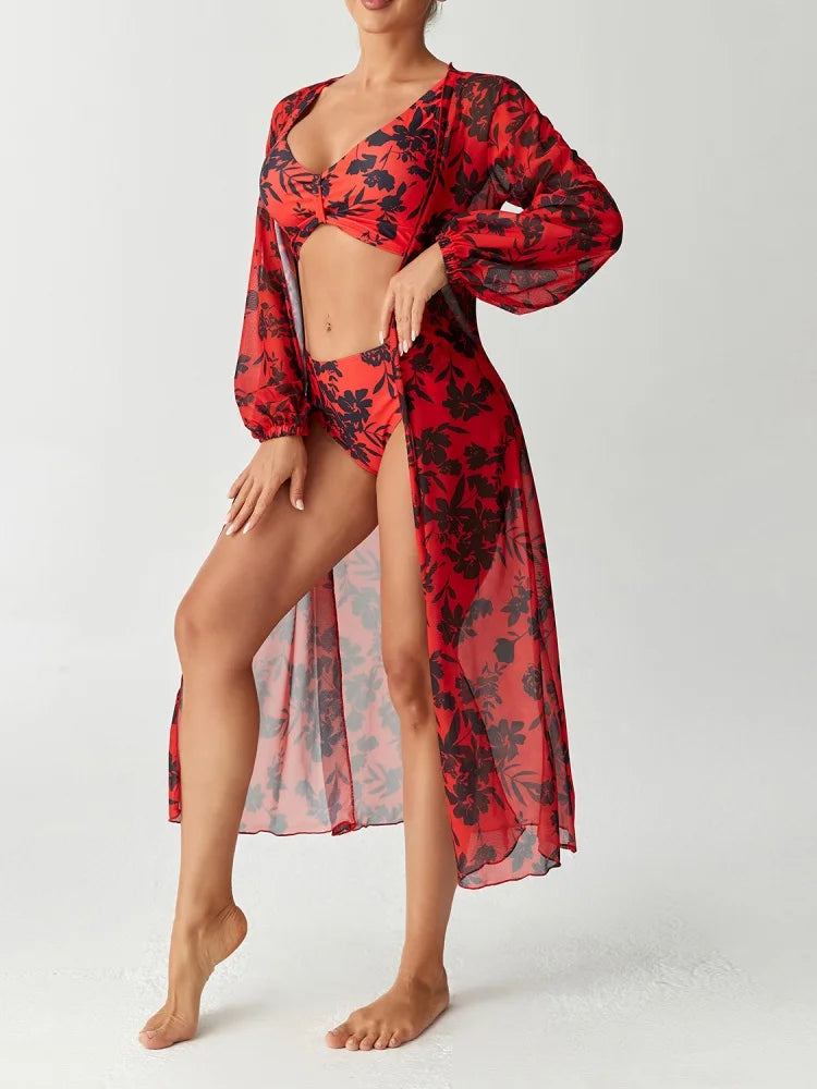 Bikini Women Swimsuit 2026 New Print Sling Bikini Set Sexy High Waist Swimwear Summer Long Sleeve Mesh Beach Bathing Suit Female