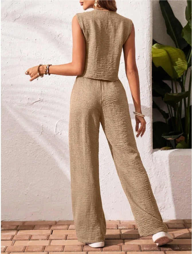 Two-piece Ladies Set 2026 Summer New Versatile Sleeveless V Neck Vest Tops Suits Fashion Casual Loose Tops Wide Leg Pants Sets