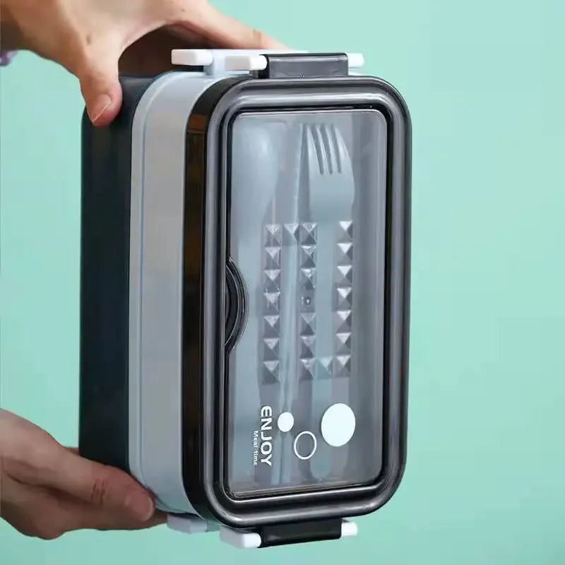 1Pc 1400ml Double-Layer Lunch Box, Portable Compartment Food Container, Microwave Safe with Fork, Chopsticks & Spoon for Picnic