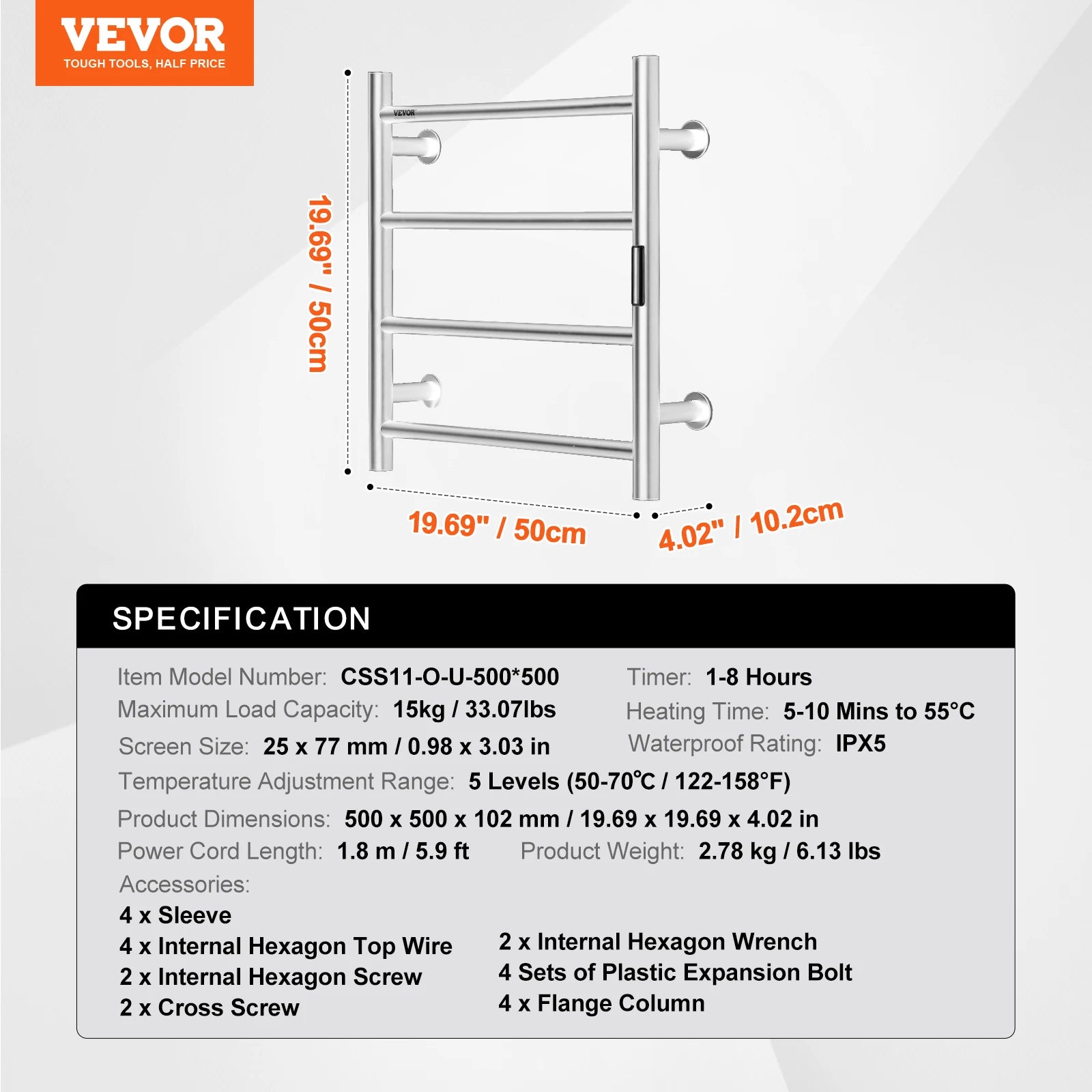 SucceBuy 4/6/8/10 Bars Towel Warmer Rack Wall Mounted Heated Towel for Bathroom IPX5 Waterpoof 5 Levels Temperature Towel Heater