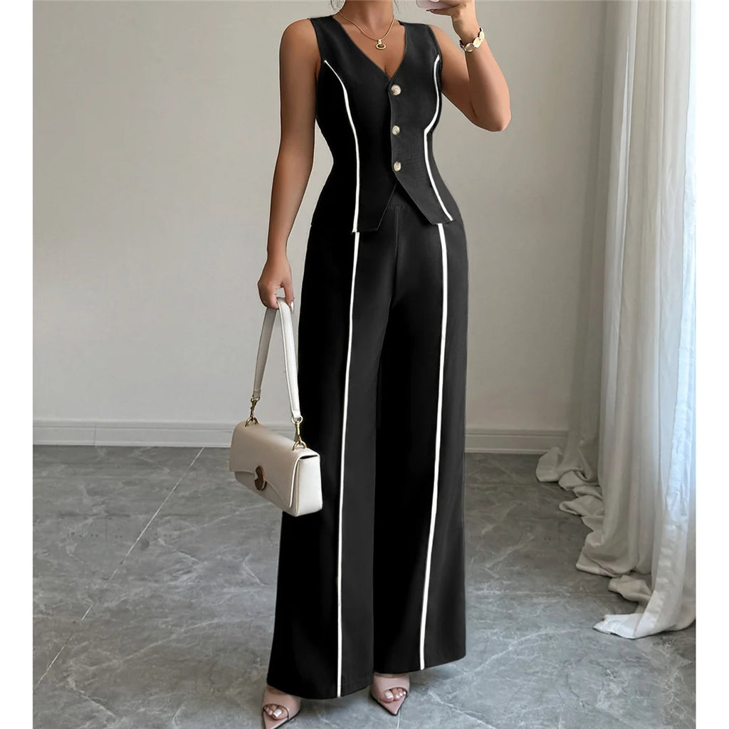 S - XL Sleeveless V Neck Vest Solid Women Suits 2 Pieces Sets Female Leisure Elegant Pants Formal Pantsuit Outfit For Women M127