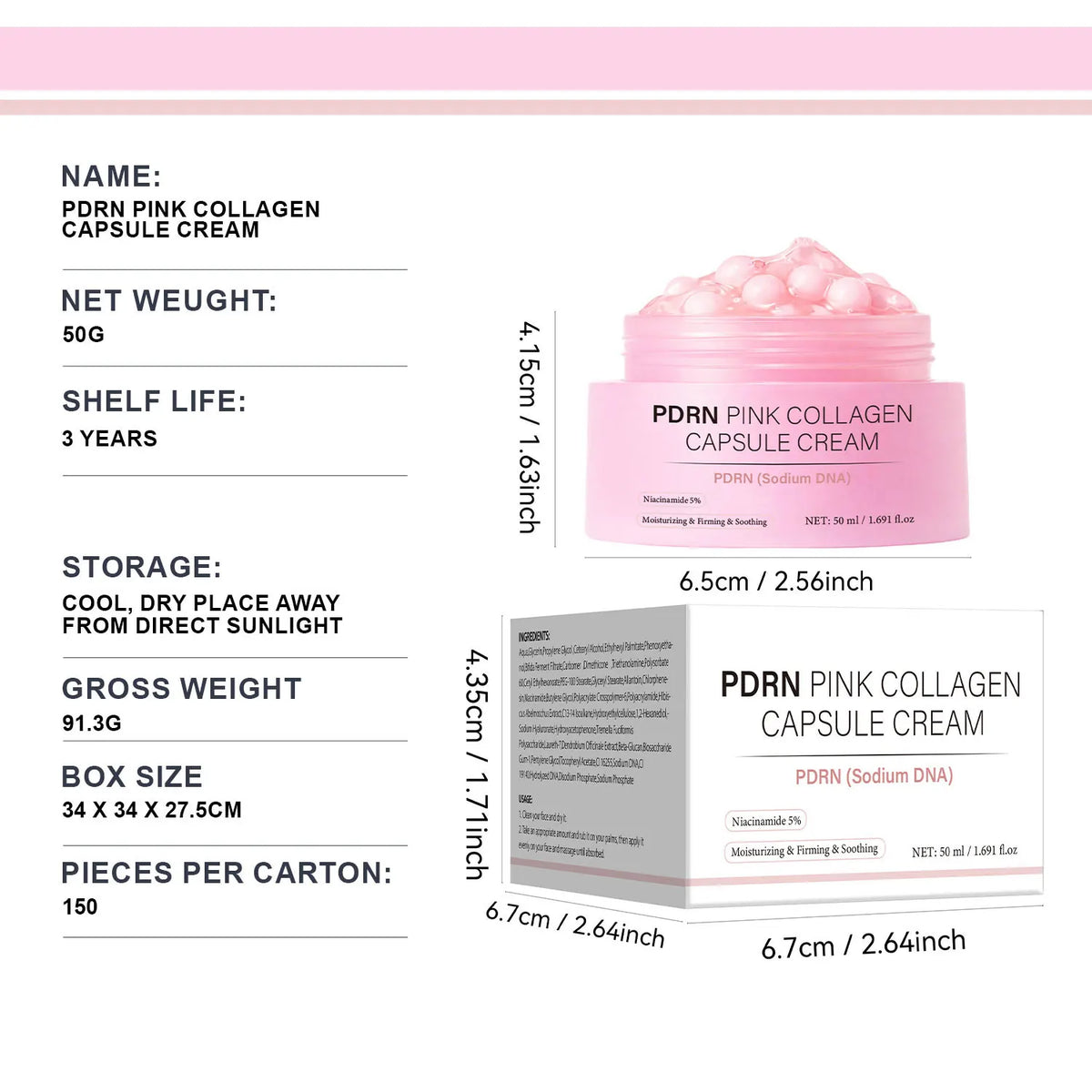 PDRN Pink Collagen Capsule Cream, Lightweight Moisturizing Cream, Niacinamide for Uneven Skin Tone and Texture, Glow Hydration