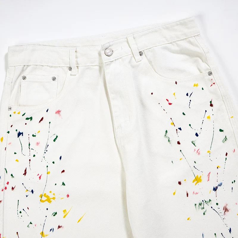 Men's Color Ink White Denim Jeans Cityboy Streetwear Fashion Hip Hop Loose Casual Wide Leg Baggy Jeans Y2k Pants