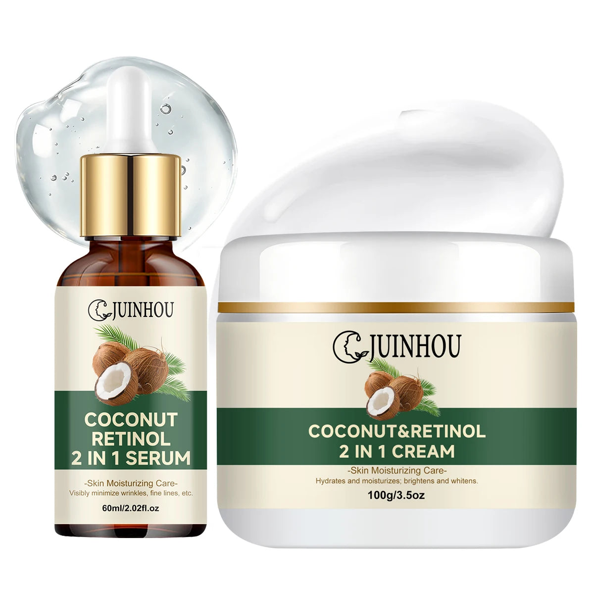 JUINHOU Coconut Oil Moisturizing Set Cream & Serum Controls Oil Hydrates Soothes Sun-Induced Redness Suitable For Daily Skincare