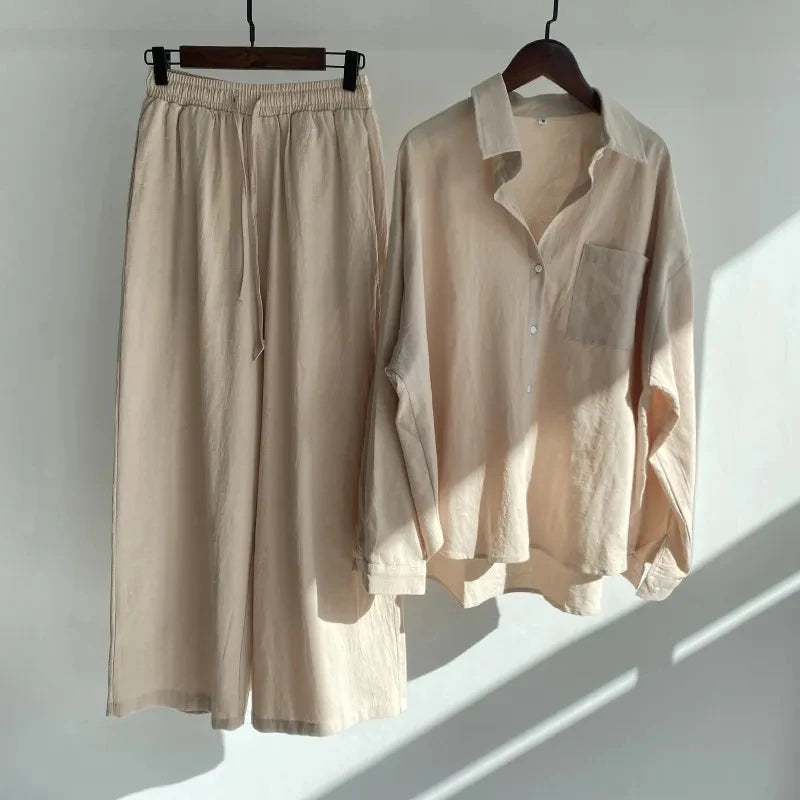 Women's 2-piece set 2026 Spring Autumn New Long sleeved Cotton linen Shirt top+High waisted loose Pants Comfortable Casual Sets