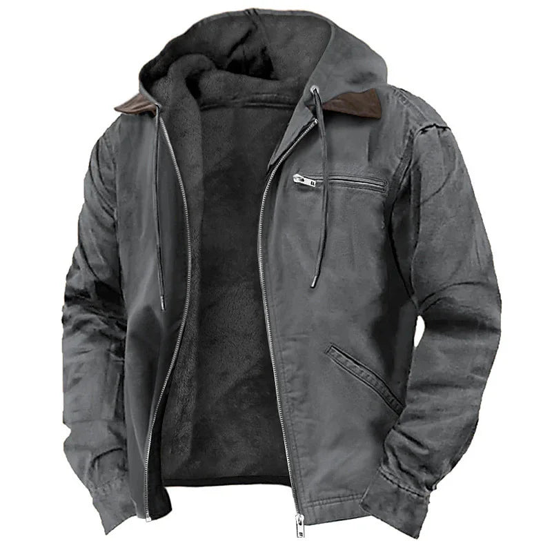 Men's Autumn Casual Retro Hooded Zipper Solid Fleece-lined Warm Fleece Jackets Male Multi Pocket Outdoor Hoodies Coats Outerwear