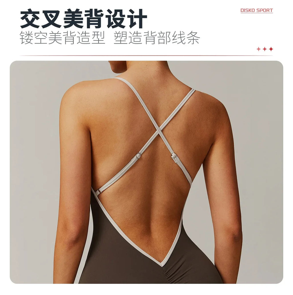 Nude Cross Back Yoga Onesie Pleated Micro Stretch Running Sports Fitness Horn Onesie