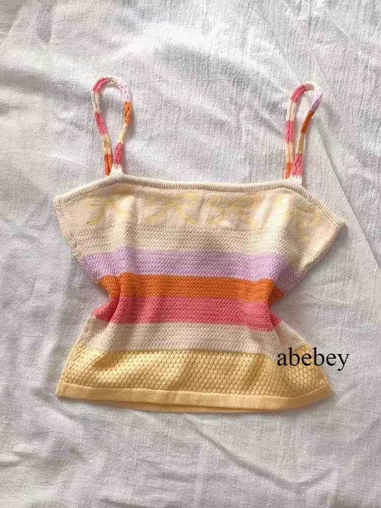 New Elegant Spring Summer Collection from Europe And America Featuring a Knitted Tank Top with a Bow And Rainbow Stripes Camis