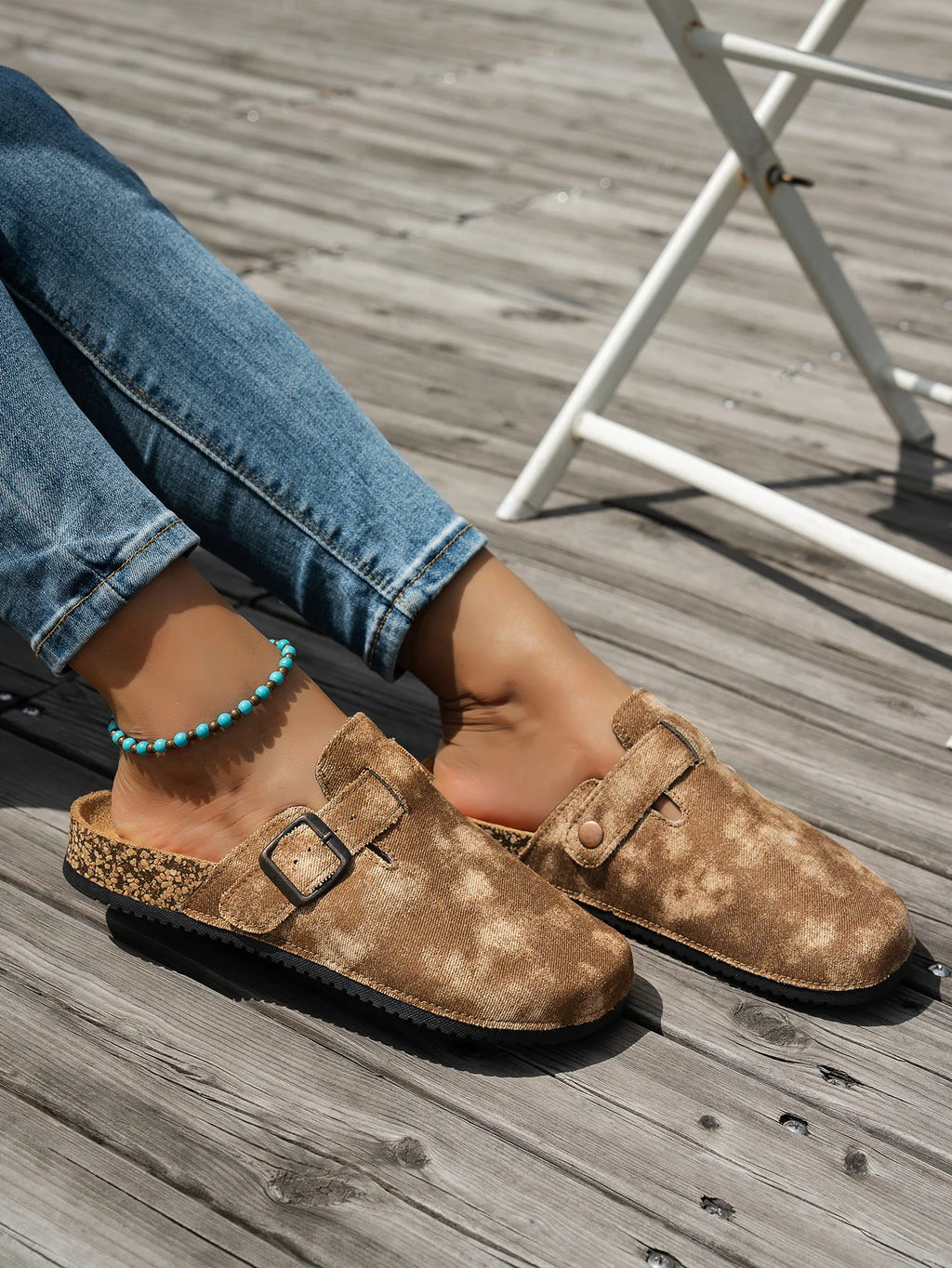 2025 New Model All-Season Autumn and Winter Women's Indoor and Outdoor Non-Slip Fashionable Casual Shoes with Cork Thick Sole, Flat Heel, Half-Covered Toe, Slip-On Slippers, Casual Buckle Slippers Suitable for All Seasons and