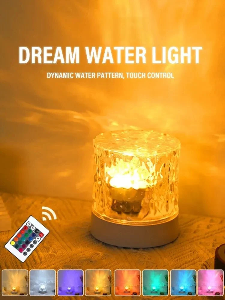 LED Water Ripple Light Ambient Night Light Rotating Projection Crystal Table Lamp RGB Dimmable Home Decoration 3/16 Color Gifts