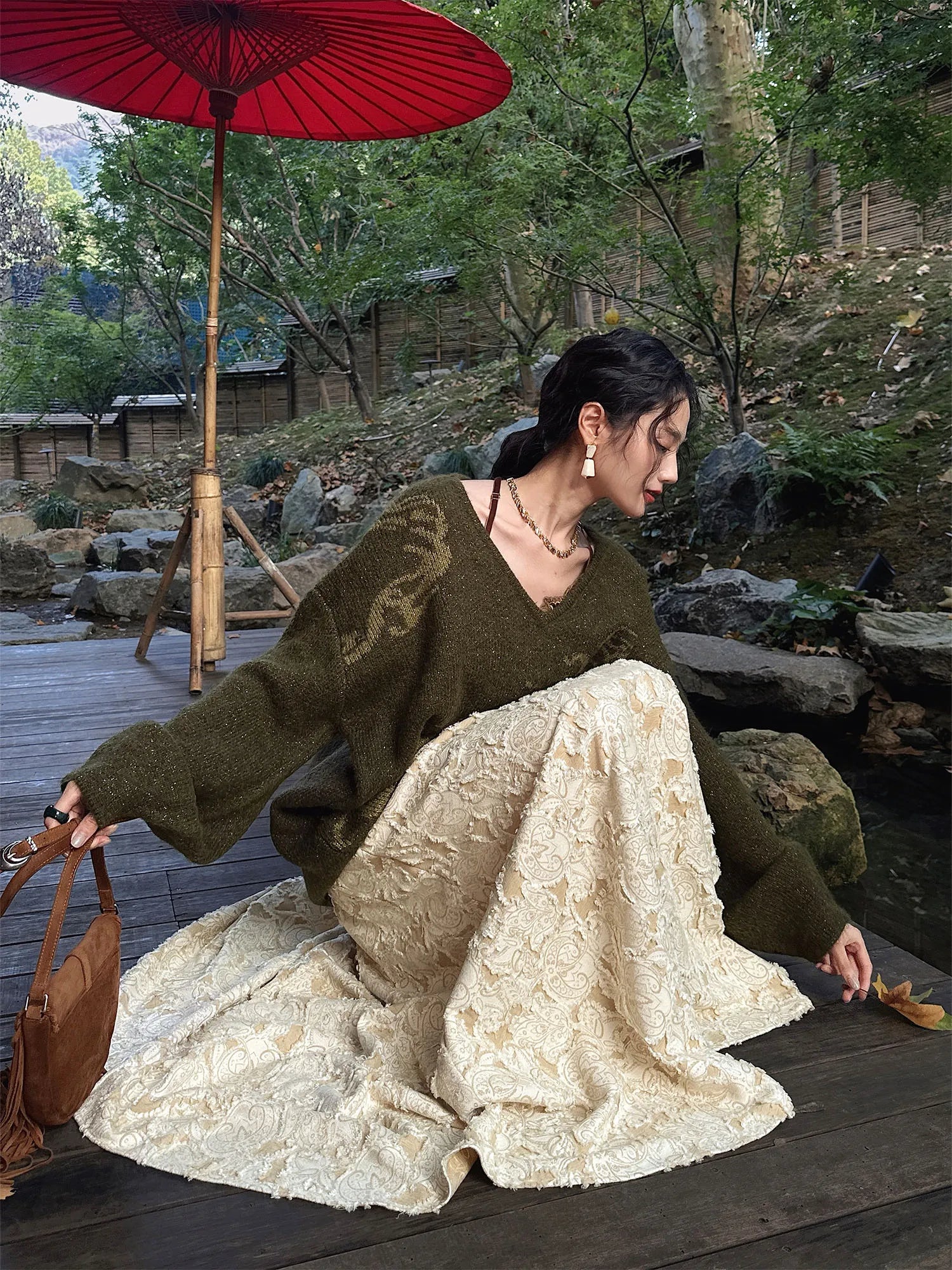 Sanji Bla Flower New Chinese Sle Gold Tead Alpaca Yarn V-ne Sweater Women's Winter Top Warmth Feat Long Sve Crew Ne