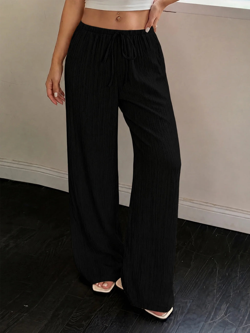 Women Crinkle Textured Wide Leg Pants Elastic Waist Loose Casual Lounge Trousers Soft Yoga Beach Vacation Flowy Pants