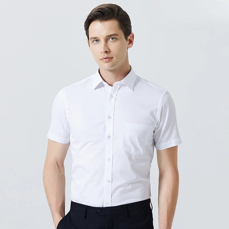 Business Dress Shirt Men Short Sleeve Autumn Spring Fashion Solid Casual Formal White Work Office Simple Basic Man Clothe S-7XL