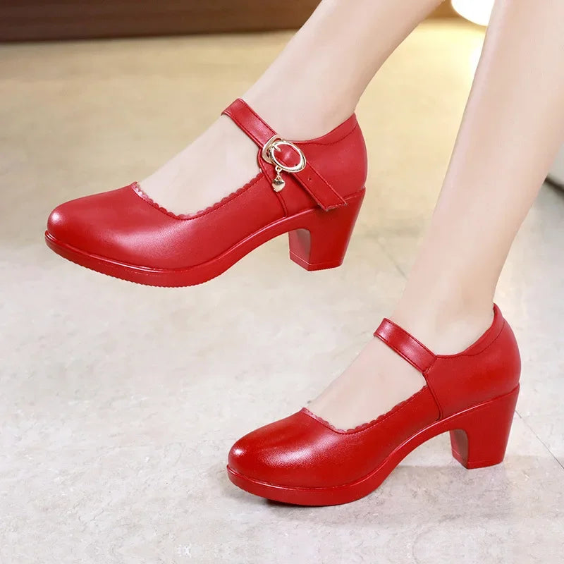 5cm Small Size 32-43 Office Mom's Shallow Med Block Heels Mary Janes Platform Pumps 2025 Fall Red White Silver Wedding Shoes