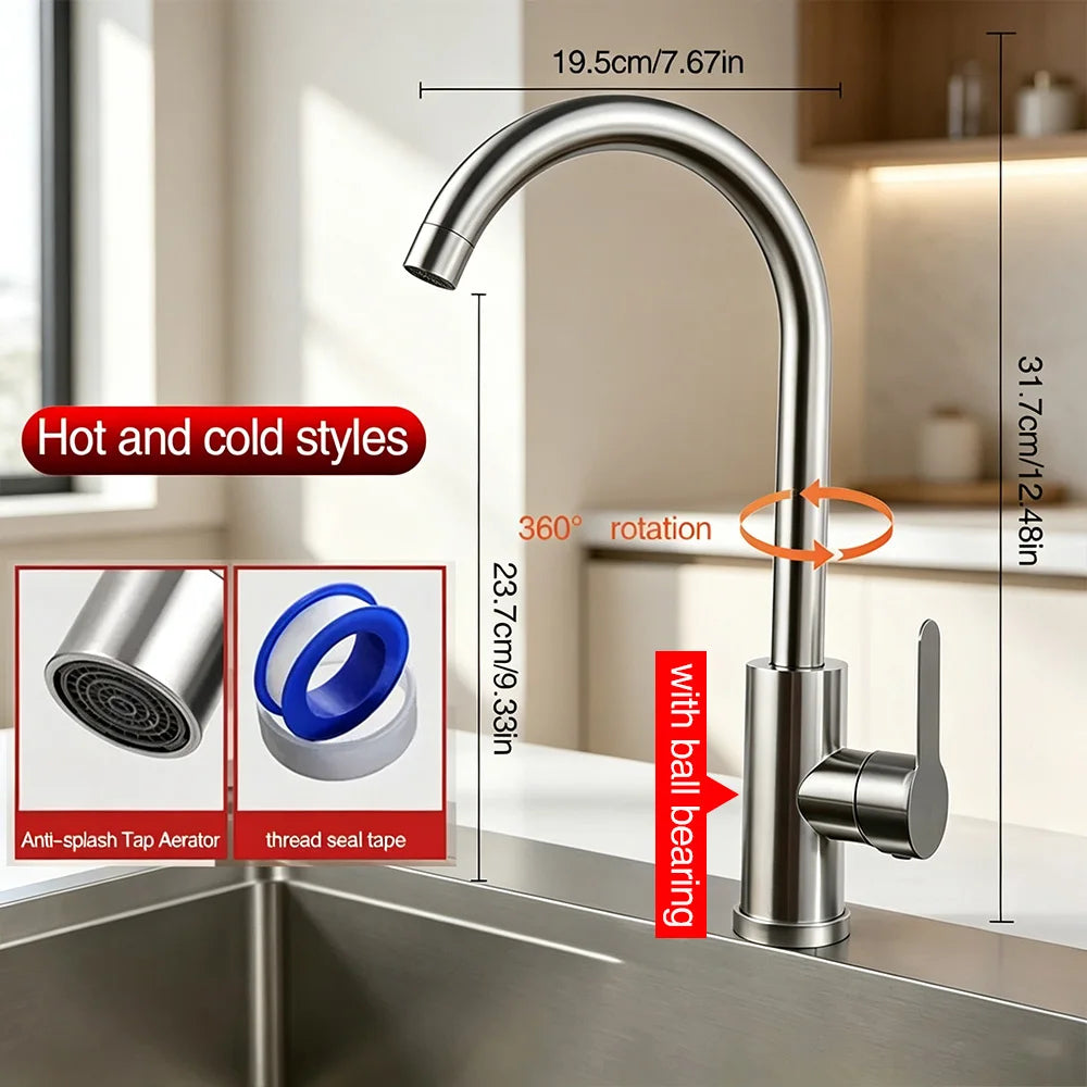 Stainless Steel Kitchen Faucet 360° Rotation Single Cold/Hot Cold Mixer Tap for Sink