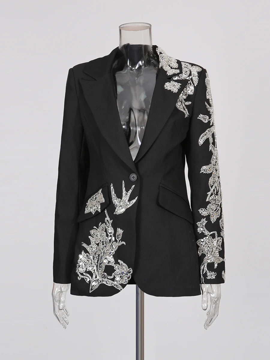 TWOTWINSTYLE Fashion Spliced Beading Temperament Blazers for Women Lapel Long Sleeves Tunic Elegant Blazer Female Clothing New