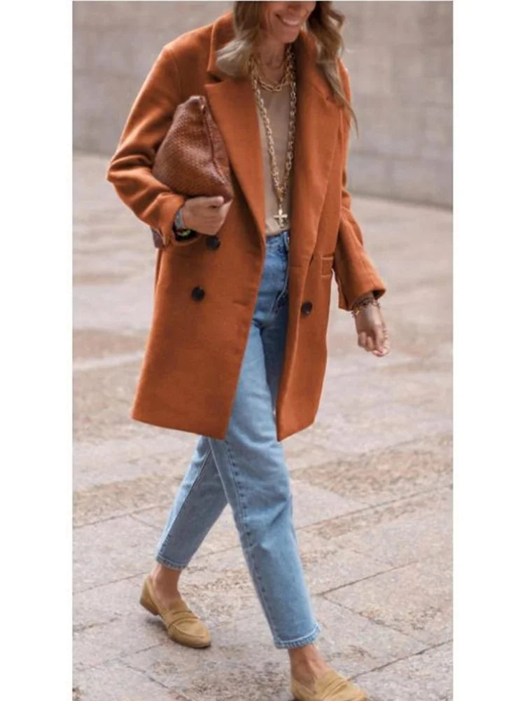 Wool Blends Winter Women's Jacket Lining Elegant Lapel Coat Double Breasted Minimalist Street Women's Jackets