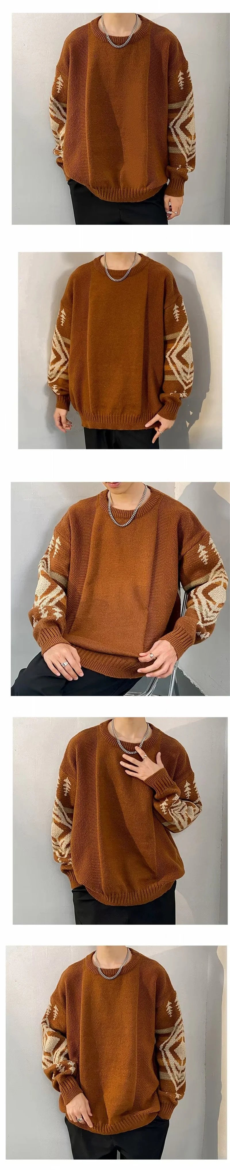 Autumn Men's Ethnic Style O-Neck Knitted Sweaters Y2K Vintage Streetwear Knitwear 2025 New Casual Pattern Printed pull homme