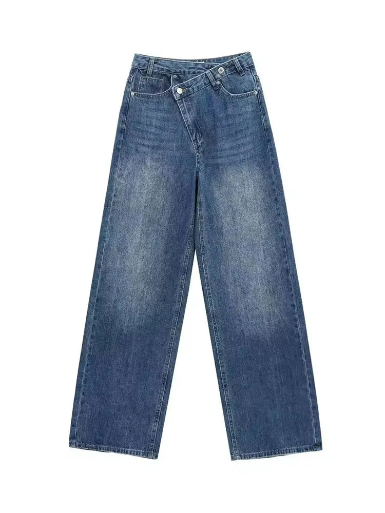 HH Women Trendy Cross Waist Wide Leg Jeans Asymmetrical Button Fly High Waist Baggy Denim Pants For Streetwear Y2K Outfits