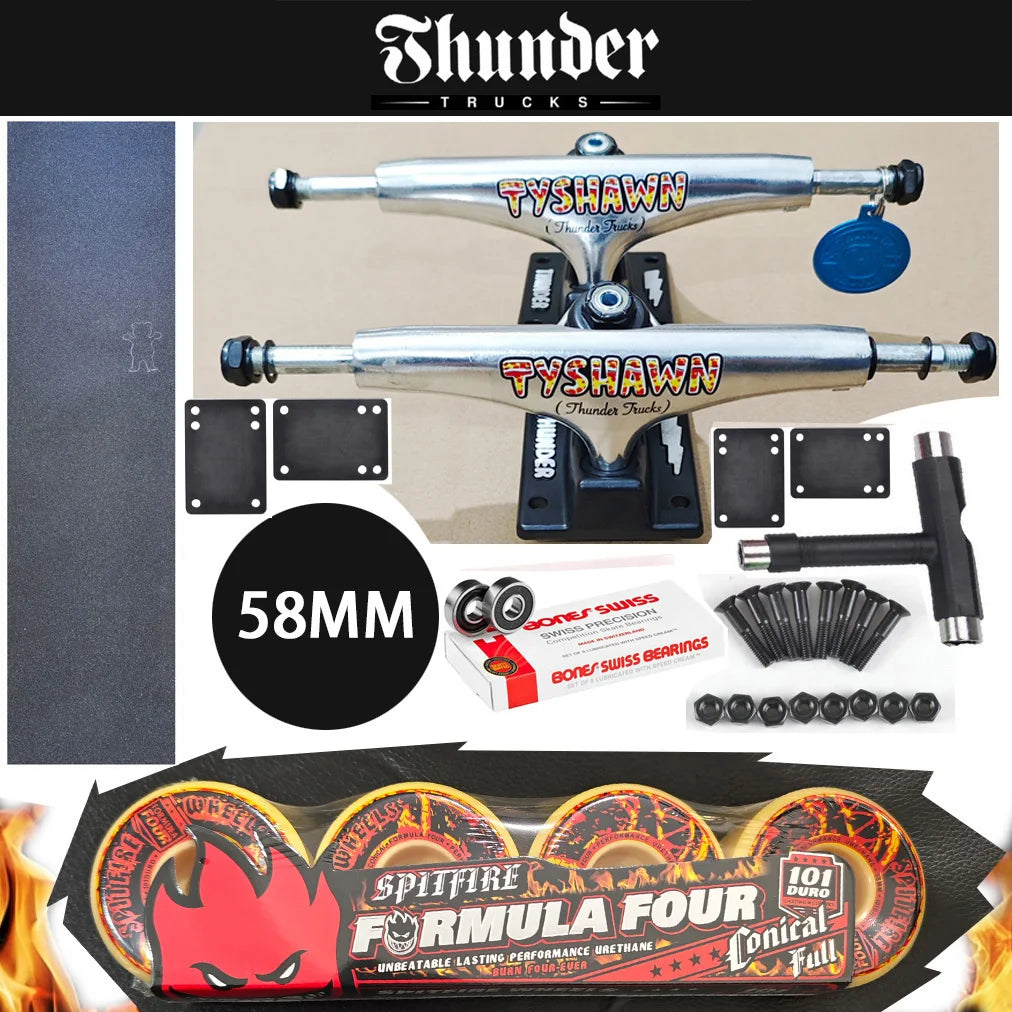 THUNDER Skateboard Trucks 147 Size for 8 Inch Decks, Plus Pro Chrome Steel BNS Bearings Grip Tape Skateboards and SF Wheels