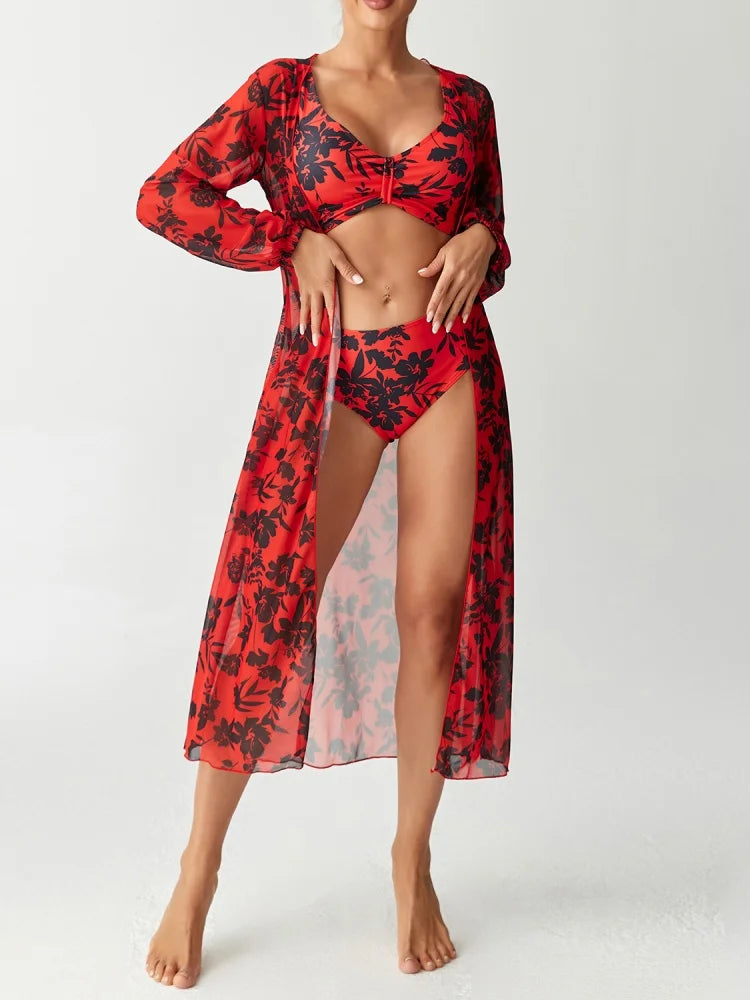 Bikini Women Swimsuit 2026 New Print Sling Bikini Set Sexy High Waist Swimwear Summer Long Sleeve Mesh Beach Bathing Suit Female