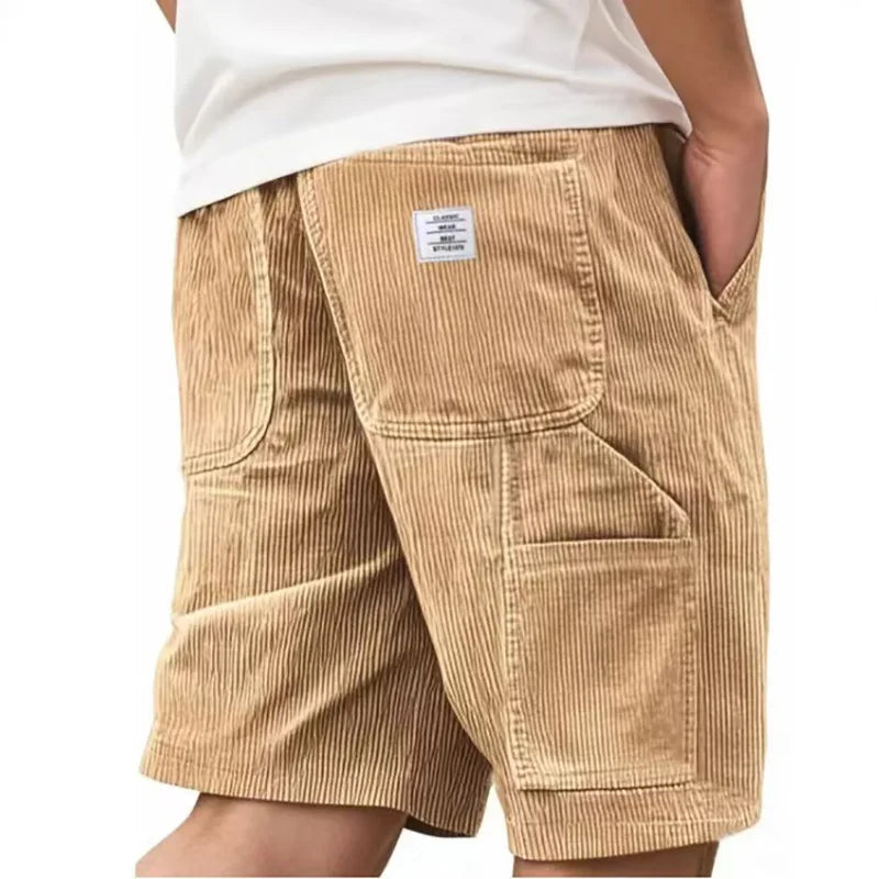 Men's Workwear Shorts Summer Casual Corduroy Loose Elastic Waist Multi-Pocket Leisure Pants Embroidery Retro Style Male Trousers