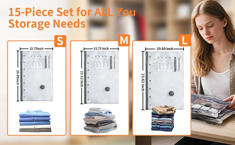 15-Pack Travel Vacuum Storage Bags with Electric Pump, Space-Saving Compression Bags for Clothes, Luggage, Cruise & Home Use