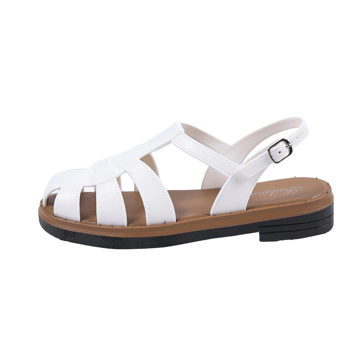 Summer Women Closed Toe Flat Sandals Hollow Out Ankle Buckle Strap Non Slip Soft Sole Daily Beach Outdoor Walking Casual Shoes