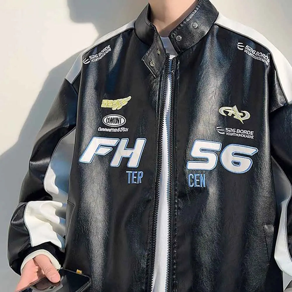 Men’s PU Leather Racing Jacket Oversized, Zip-Up Varsity Bomber Coat, Streetwear Motorcycle Style