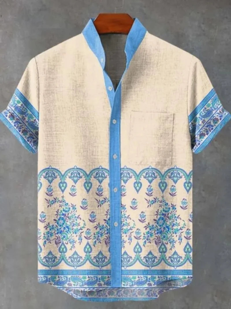 New Retro Tribal Totem Pattern Printing men's New Linen Comfortable Fabric short-sleeved Shirt Tribal Ethnic Style Fast Delivery