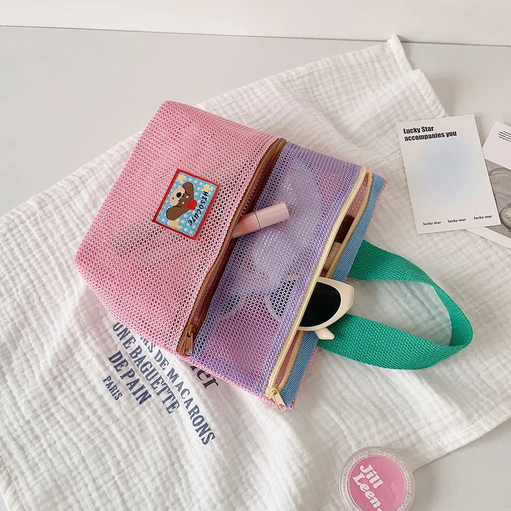 Women's Color-Block Mesh Makeup Bag with Top Handle and Cute Patch Small Cosmetic Pouch for Daily Travel Essentials Storage