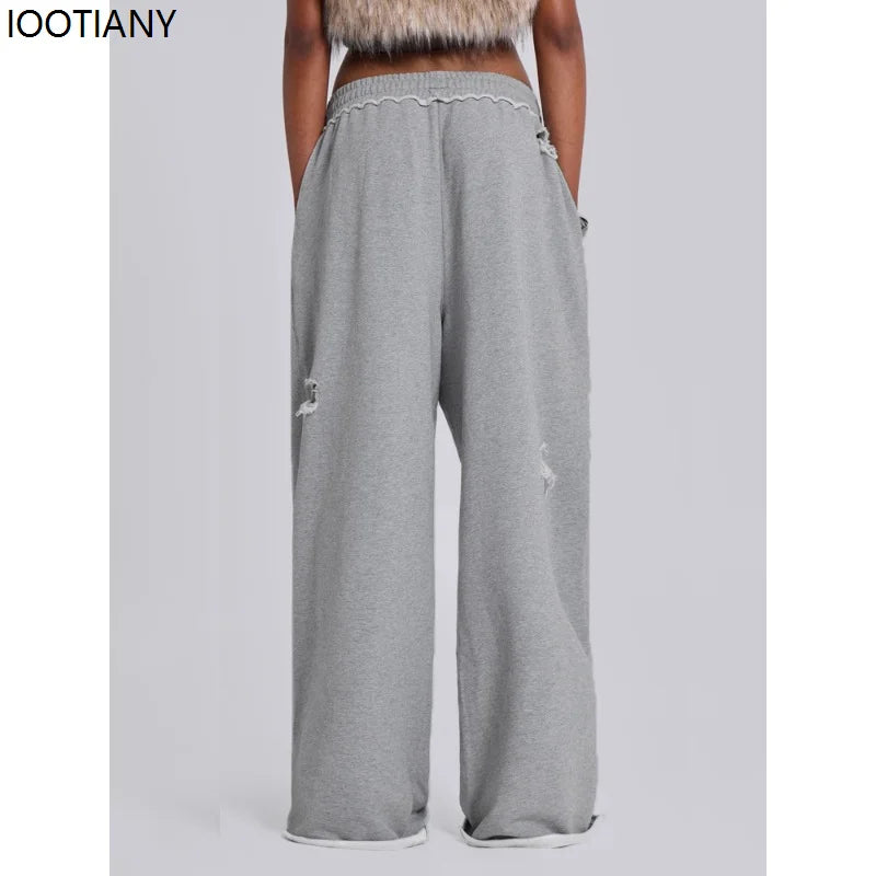 Y2k Grey Ripped Women's Jogging Wide Leg Pants American Retro Hip-hop Drape Thin Sports Pants Solid Color Loose Casual Summer